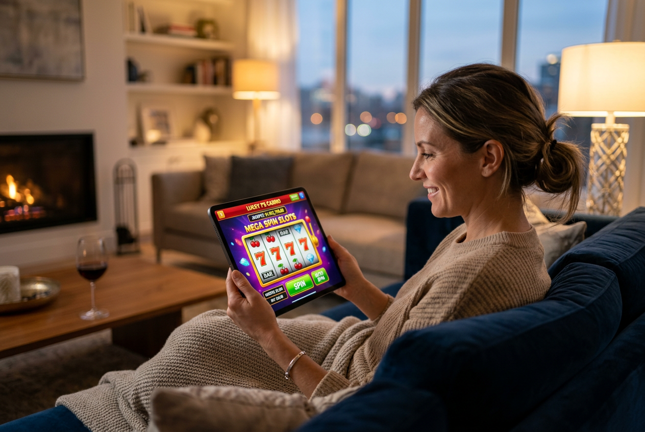 A high-end tablet displaying a variety of online casino games in a luxury setting.