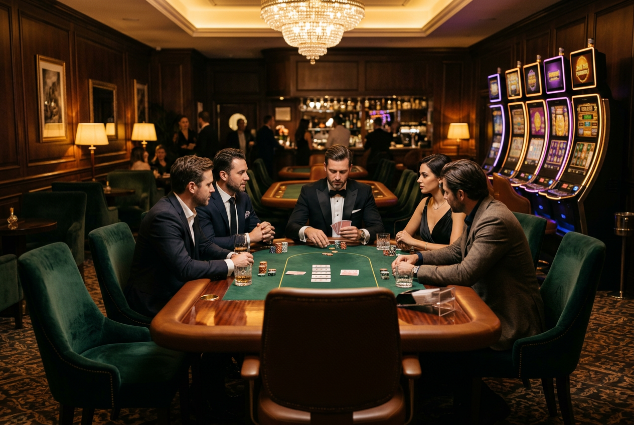 A luxurious private casino lounge for high-stakes players.