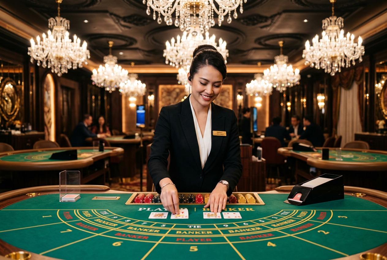 A professional live dealer at a high-stakes baccarat table.