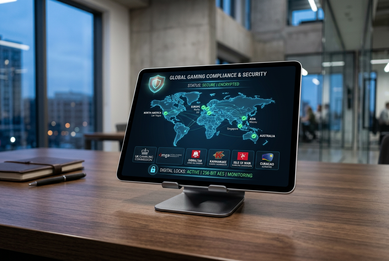 A digital tablet showing security icons and a global map, representing international casino licensing.