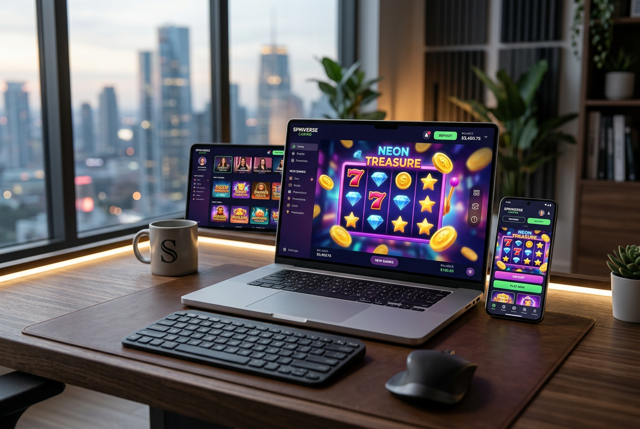 A modern laptop and smartphone displaying a digital casino interface on a sleek desk.